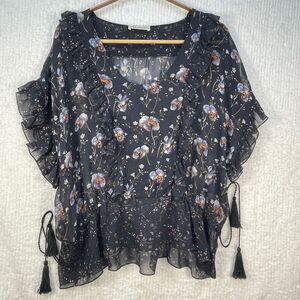 Ulla Johnson Midnight Floral Chiffon Lined Scoop Neck Ruffle Blouse Size Medium